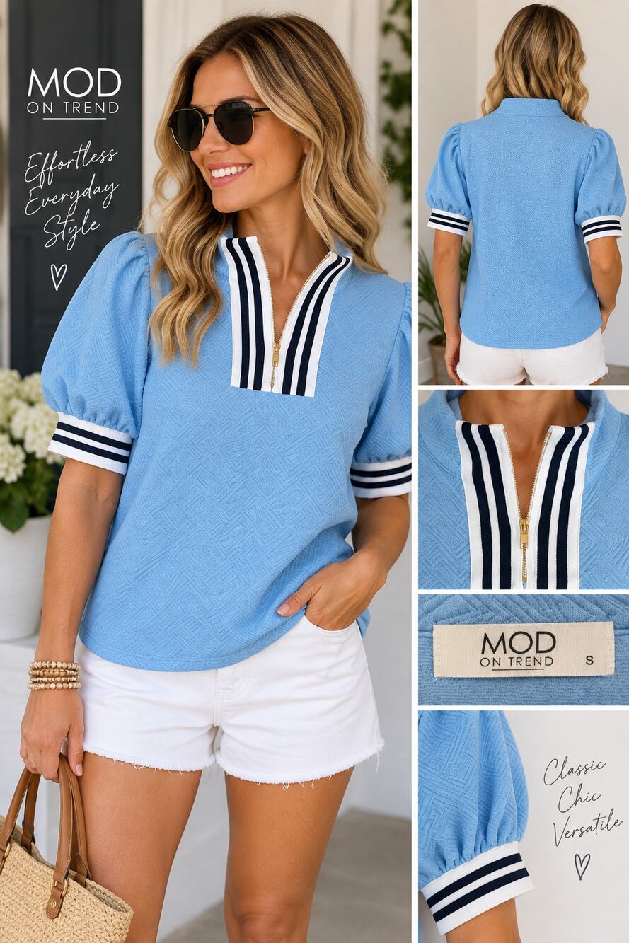 Mod On Trend Blue Quarter Zip Top Puff Sleeve Striped Detail Size S